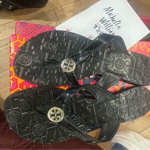 Tory Burch Black Sandals with Silver Logo